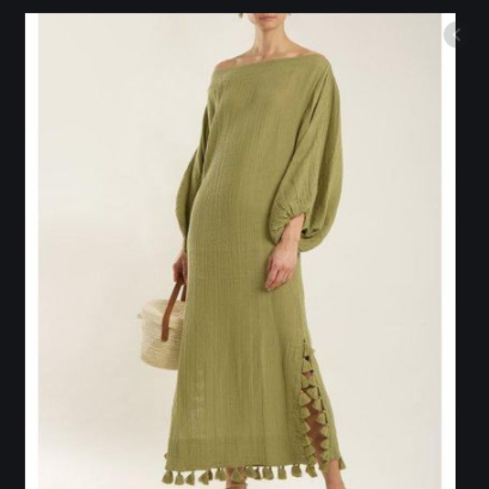 RHODE Delilah Off-shoulder Tassel-trimmed Dress In Khaki XS